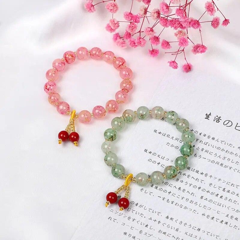 Korean Exquisite Glass Beaded Elastic Bracelets for Women Fashion Paint Cracked Beads Elastic Adjustable Bracelet Jewelry Gifts