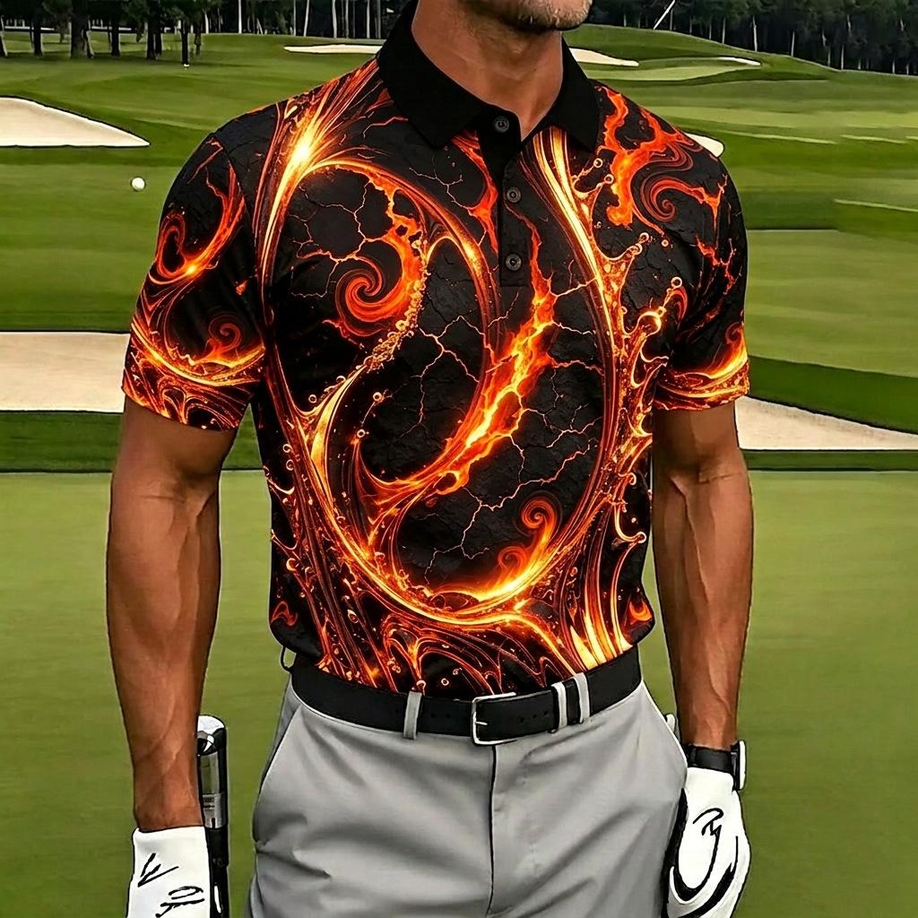 Golf Essential! Short-sleeve Polo with Striking Abstract Print, Perfect for Course Play.