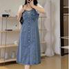 Freizeitkleid Große Größe Damen Retro Quadratischer Ausschnitt Splicing Denim Mittellanges Kleid