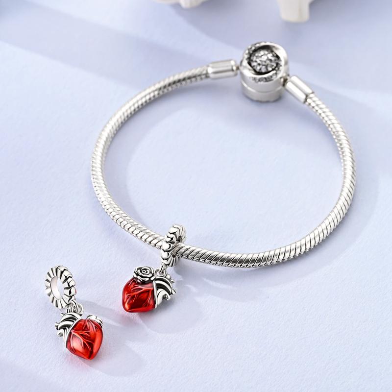copper Red Beat Heart Pendant Rose Design Pendant Compatible With Authentic Charm Bracelets Women Do It Yourself Jewellery Gift