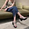 Sandalias de Mujer Versátiles de Cuña Super Altas de Moda PU Sólido para Aumentar la Altura Zapatos de Punta Abierta de Una Correa Venta Caliente 2024 Zapatos para Mujer