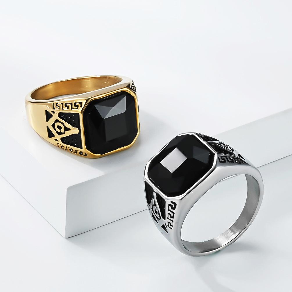 Vintage Classic Masonic Black Gem Ring Ring Men's Niche Literary Brotherhood Stainless Steel Index Finger Ring