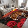 Red Rose Leopard Print Living Room Rug Cat Leopard Pattern Bedroom Dining Under Table Romantic Flower Washable Animal Theme Deco