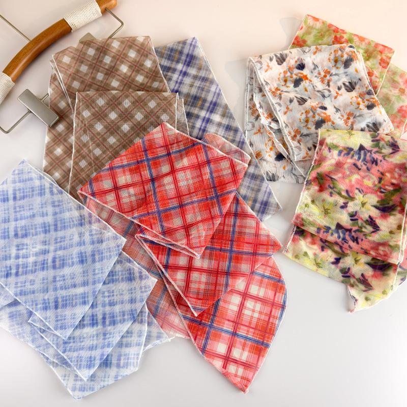 Korean Long Scarves Plaid Floral Print Lightweight Lace Mesh Scarf Versatile Neck Accessory Hair Scarf Neckerchief