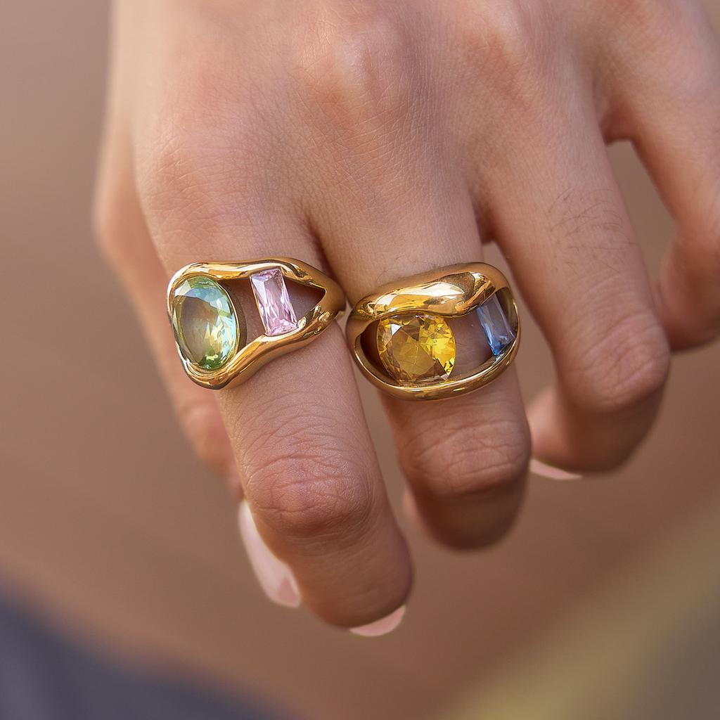 Stainless Steel Colorful Zircon Open Finger Ring for Women Luxury Square Round Crystal Gold Color Rings Daily Fashion Jewelry