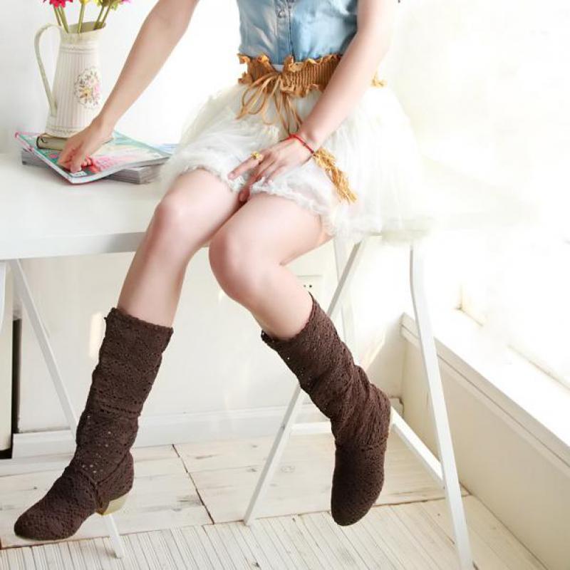 34-43 Women Hollow Boots Breathable Shoes Summer Female Knee High Botas Mesh Knit Line Flats Slip-On Solid Color Ankle Footwear