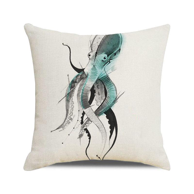 Watercolor Illustration of Octopus Squid Digital Printing Short Plush Pillow Covers for Car Sofa Office Cushion Cover Home Goods
