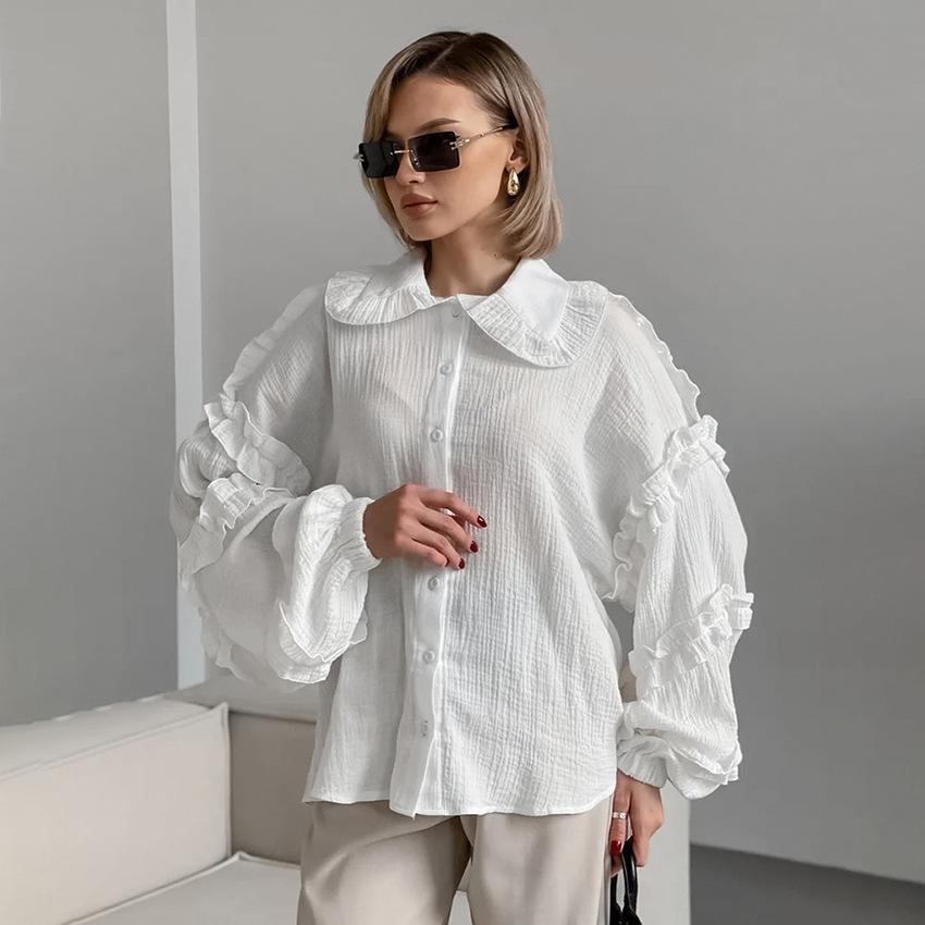 1116 Spring commuter ruffle edge doll collar shirt women's design sense loose seersucker white shirt European and American women's clothing