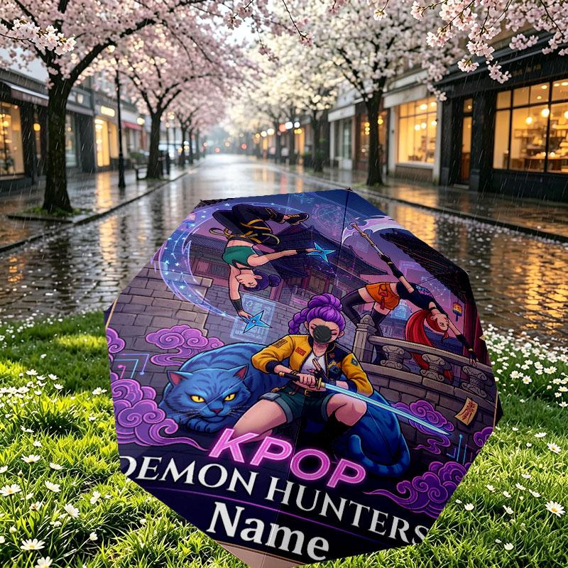 Custom Name Personalized Kpop Demon Hunter Print Umbrella, Auto Open Close, 8‑Rib Sturdy Frame, Commute Camping Hiking Use, Birthday Gift
