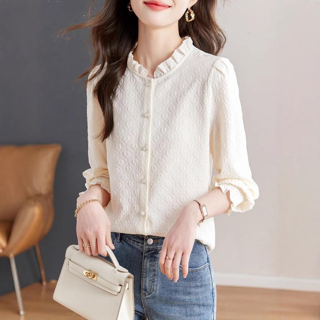 2026 New Casual Solid Color Top with Straight Shoulders, Long Sleeves, Ruffled Trim, Slimming Shirt for Women