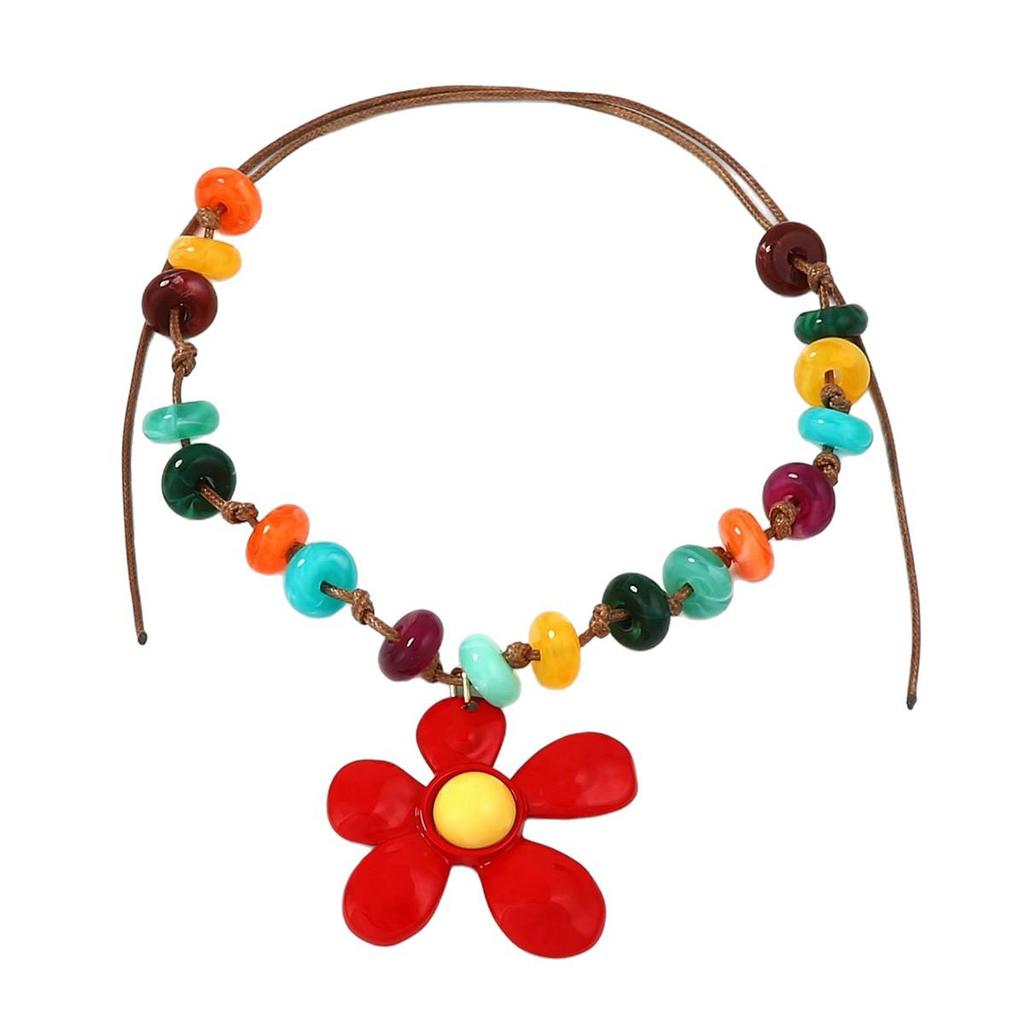 Exaggerated Floral Beaded Necklace with Vibrant Color Rope – Elegant and Fashionable Design