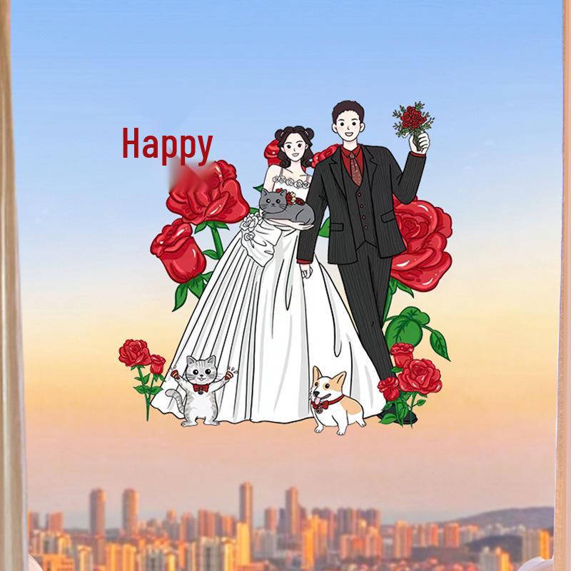 Double-Sided Xi Character Wedding Window Clings Decoration Set
