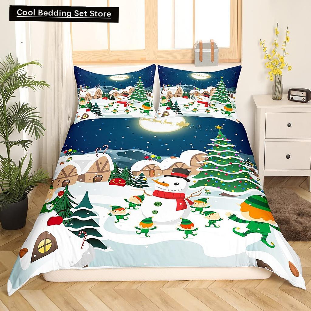 Weihnachten Schneemann König Königin Bettbezug Kinder Cartoon Bettdeckenbezug Weiß Winter Schneeflocke Bettwäsche Set Polyester Bettdeckenbezug