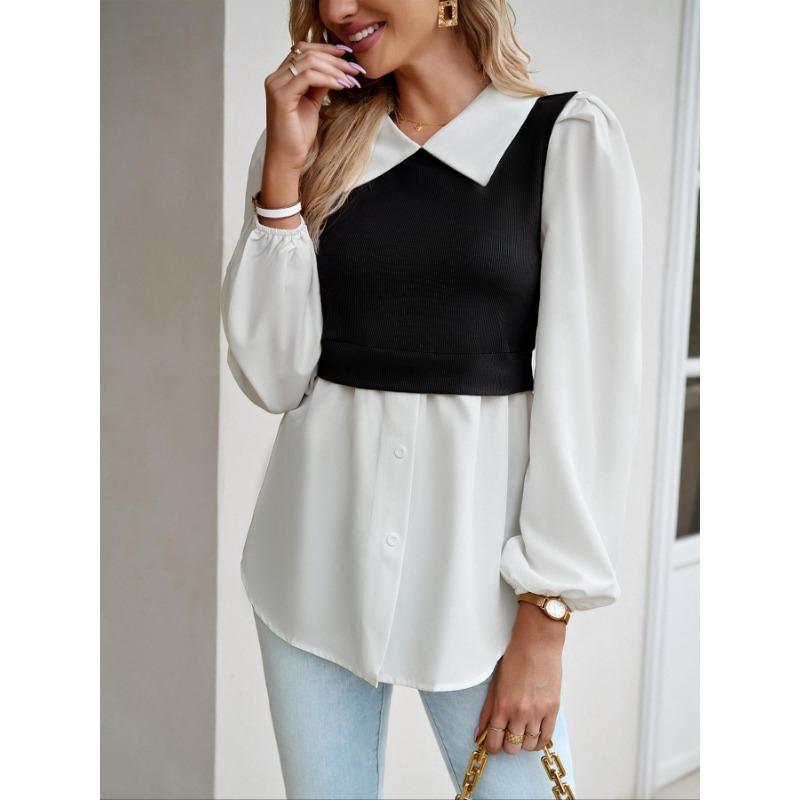 Women's Blouse Bubble Sleeve Temperament Casual Colorblocking Blouse