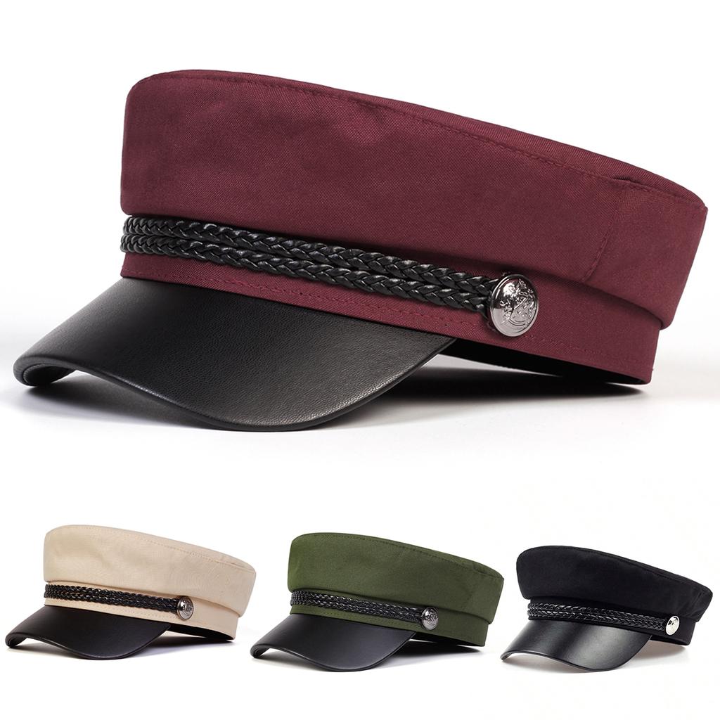 Personalized Leather Eaves Military Hats Spring Autumn Sailor Hats Black Ladies Beret Caps Flat Top Captain Cap Travel Cadet Octagon