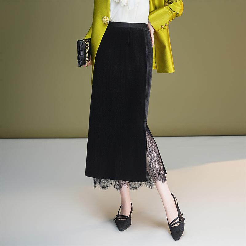 Elegant Velvet Lace Trim High-Waisted Slit Tube Pencil Skirt