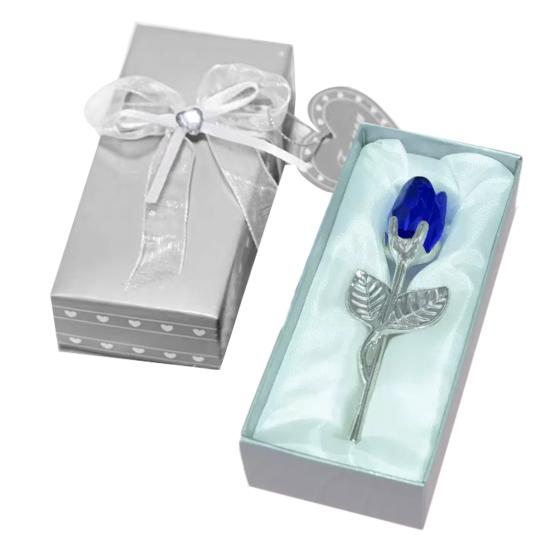 Faux Crystal Rose Flower Gift with Metal Stem Clear Flower Figurine with Gift Box