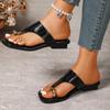 Women's Summer New Toe Loop Metal Square Toe Low Heel Slides - Plus Size Retro Outdoor Thong Sandals