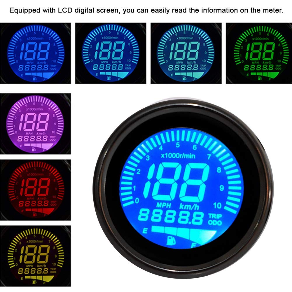 Akozon Tachometer Motorcycle LCD Meter Tachometer Gauge Odometer Speedometer 0-199km/h (Silver Plated)