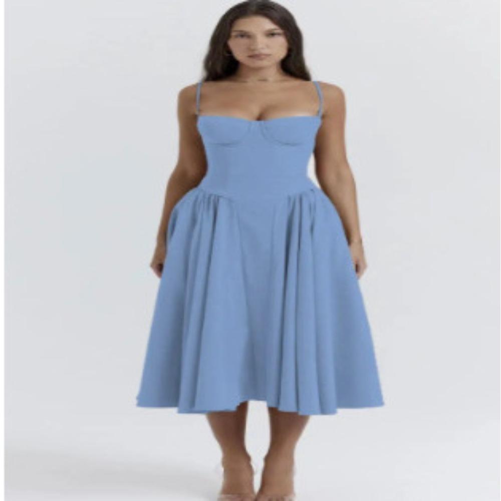 Women's Spaghetti Strap Midi Dress Solid Bustier High Waist Flared Swing Mid-Calf Sundress