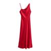 Damen Asymmetrischer Ausschnitt Ärmellos Maxikleid Schmale Passform Mittlere Taille Uni Satin Slip Partykleid Herbst