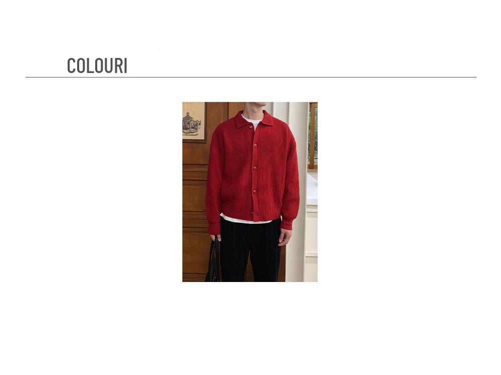 Men's Bright Red Knitted Cardigan, Spring/Autumn Korean Style, Lapel, Year of the Rat Pure Color Outerwear
