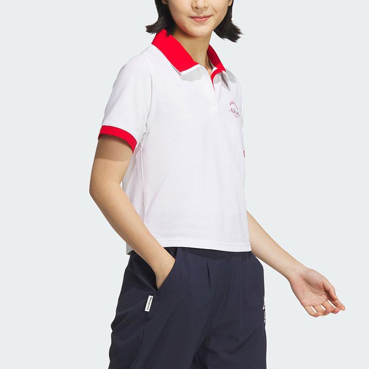 Adidas Verbiage Colorblock Print Cropped Casual Polo Tee Women Tops White JC8685