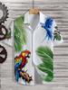 Camicia da Uomo a Maniche Corte Pappagallo Ara, Blusa Stile Vacanza Tropicale, Top Largo con Stampa Integrale Pattern Piume Colorate Pappagallo Foglie di Palma, Adatto per