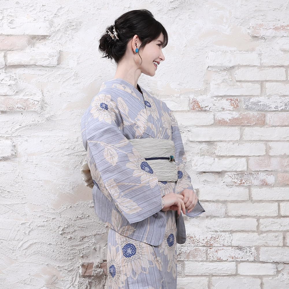 Kyoto Kimono Yuzen Yukata and Obi Set Floral Print Summer Kimono Blue Women's (2-Piece Set) (Light Sunflower)