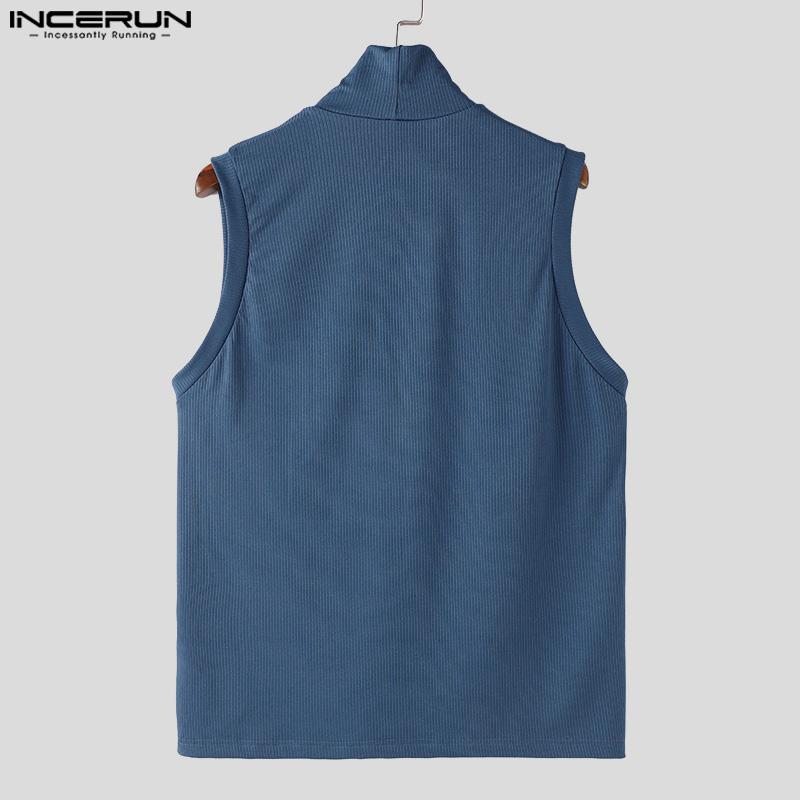 INCERUN Men High Neck Sleeveless Solid Vest Zipper Knitted Tank Tops