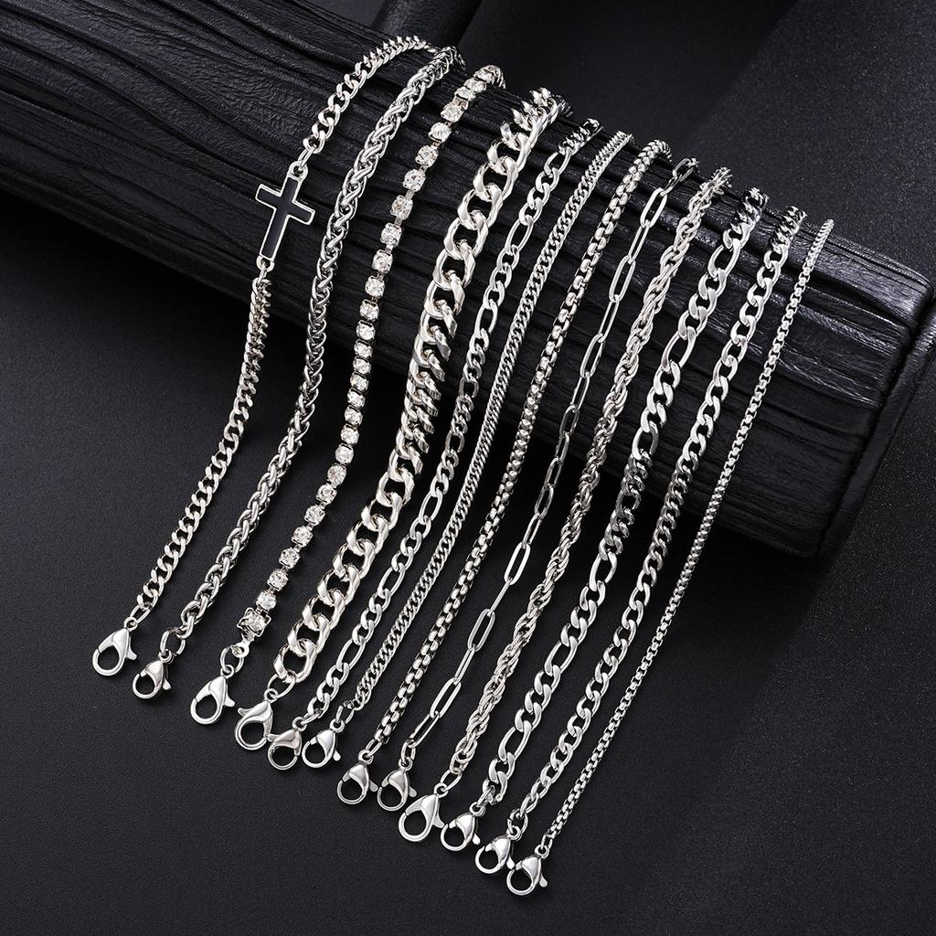12Pcs/Set Silver Color Simple Stylish Punk Hip-Hop Stainless Steel Cross Rhinestones Chain Bracelet Set for Men Women Jewelry