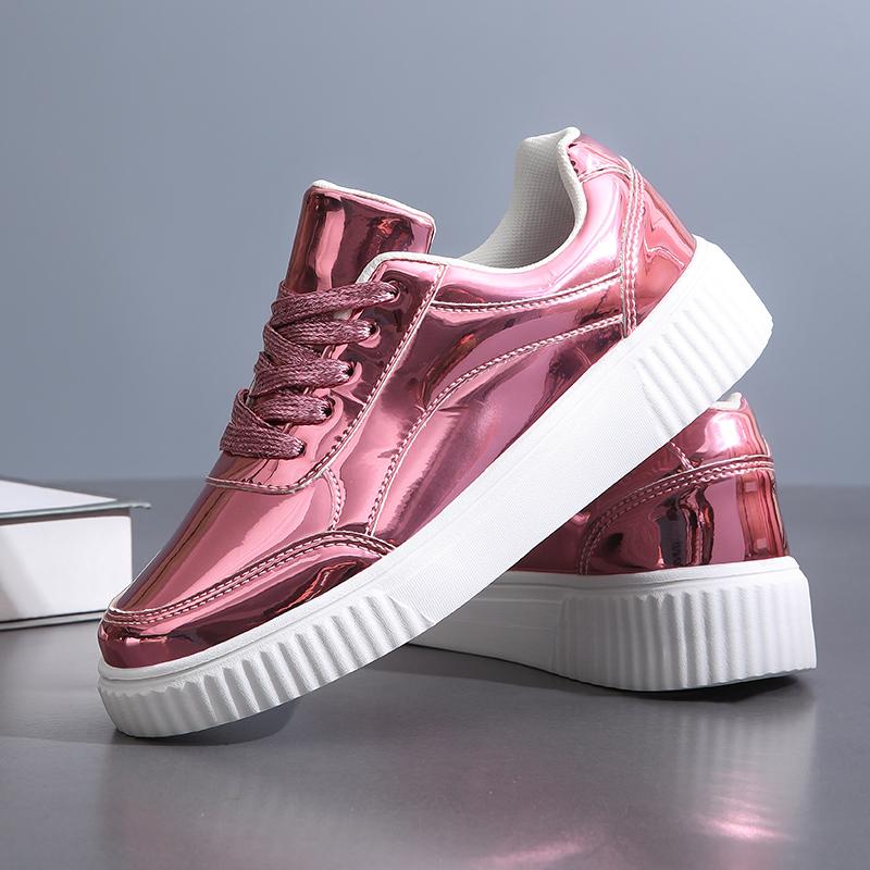 Fashion Womens Pink Gold Platform Sneakers Autumn Fashion Casual Sports Shoes Thick Bottom Vulcanized Shoes Woman Flats Heels Shoes