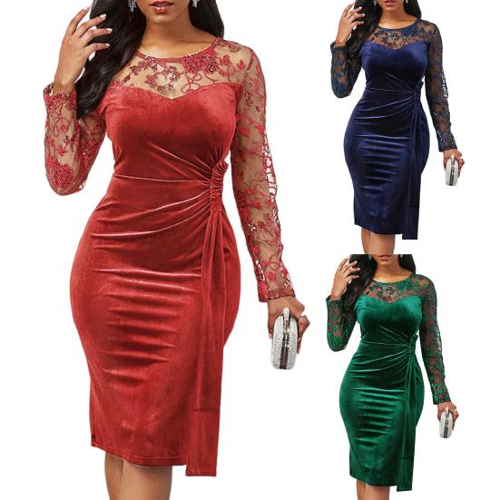 Jupon de damă Plus Size Toamna Iarnă Femei Rochie Bodycon Dantela Patchwork Scobit O-Gât cu mânecă lungă Elegantă Slim Fit Midi Rochie Îmbrăcăminte pentru femei