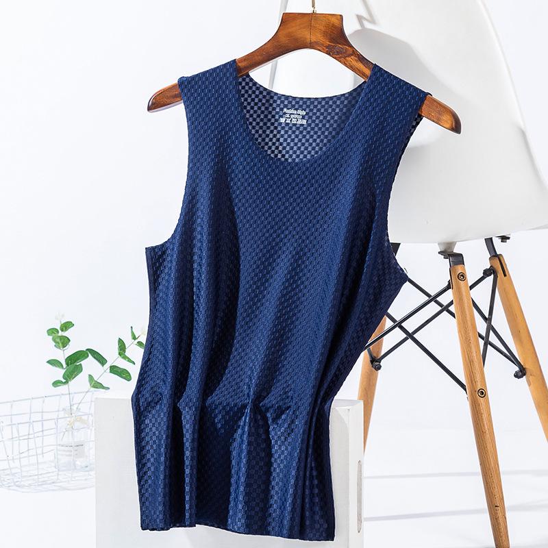 Men's Plaid Ice Silk Sleeveless Quick-Dry Tank Top - Breathable, Seamless Sports Fitness Undershirt for Summer.