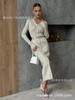 Women's V-Neck Knit Dress with Metal Buttons and Waist Belt, Side Slit, Casual Elegant Long Sleeve Sweater Dress