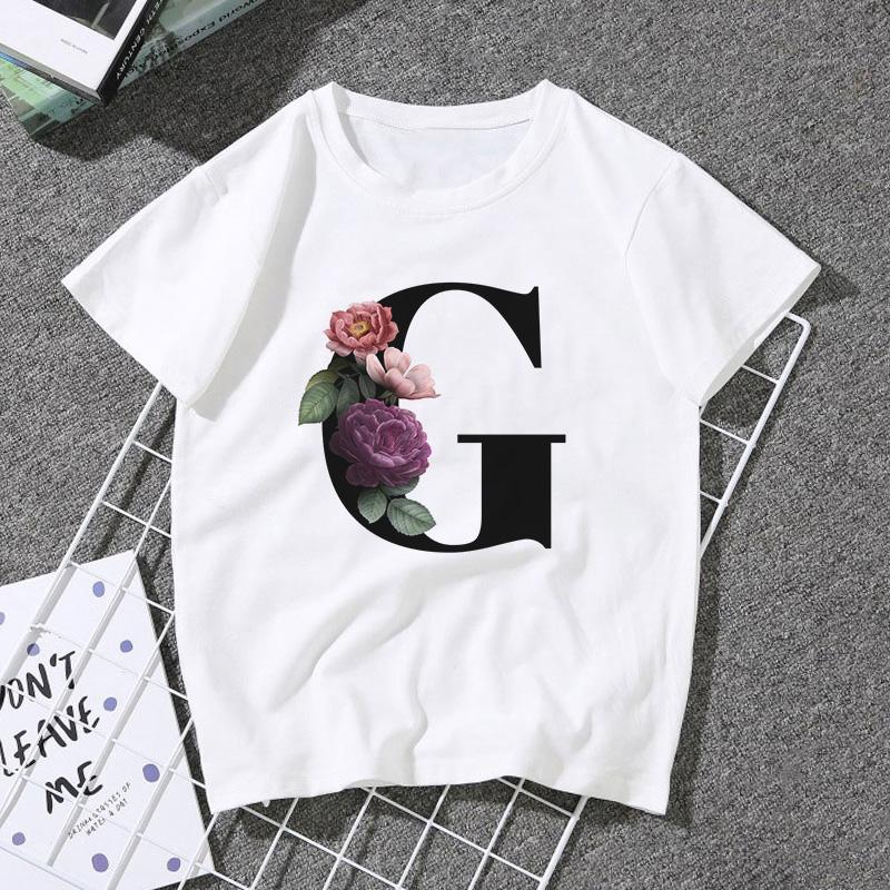A B C D E English Alphabet Print T Shirt Women Short Sleeve Couples Lovers Female
