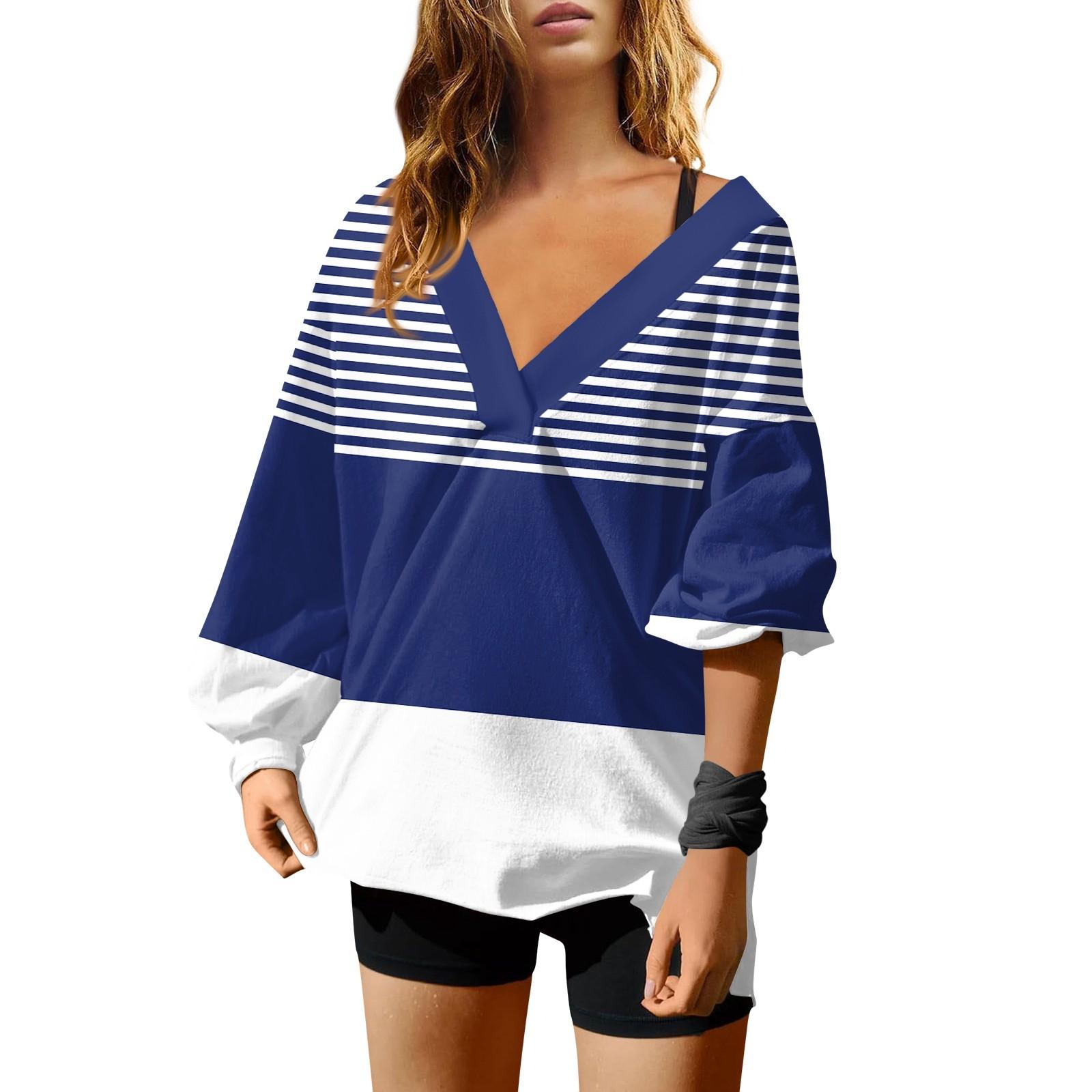 

Женская мода полосатый принт V-образный вырез длинный рукав свободный пуловер свитшот топ L