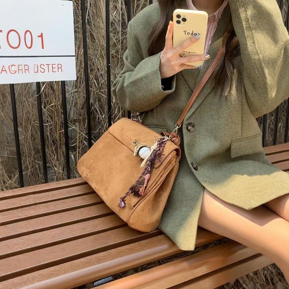2024 New Underarm Bag Frosted Leather Autumn and Winter Brown Tote Kelly Bag Large Capacity Commuter Shoulder Crossbody Bag Tide