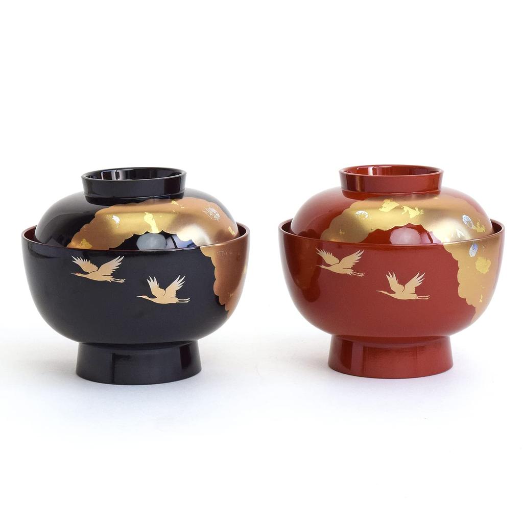 Maejuu Lacquerware Zoni Bowl Ozoni Bowl with Lid Shiny Vermilion Red Crane Gold Mica Red Large 450ml Traditional Craft Yamanaka Lacquerware Made in