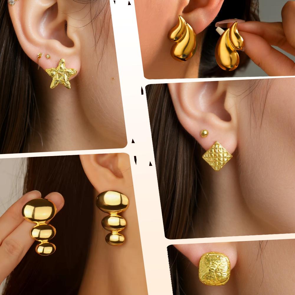 2-8 Pairs Earrings Stud Geometric Square Stripe Round Textured Heart Rose Star Bow Double Water Drop Design Jewelry for Women