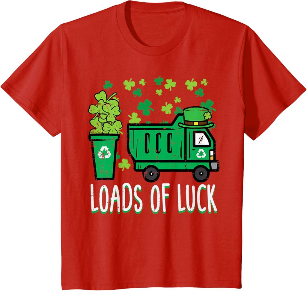 Garbage Truck Loads Of Luck St Patricks Day Graphic Tee Recycle Theme Short Sleeve T-Shirt