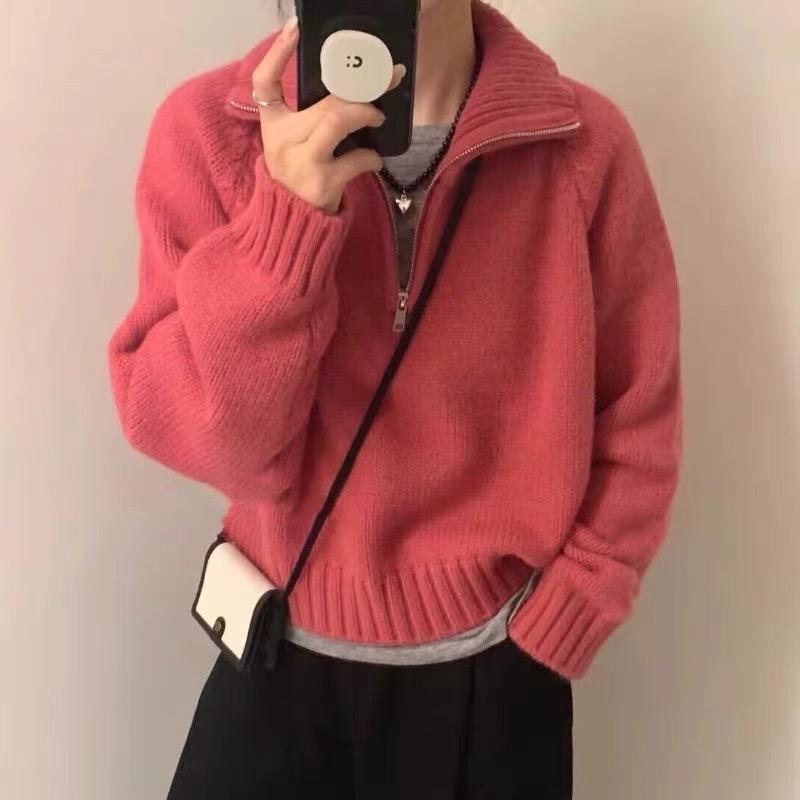 Autumn Winter Long Sleeved Half Zipper Pullover Sweater Turtleneck Fashion Elegant Office Sweet Lapel Loose Tops Casual Knitted Korean Simple Clothing