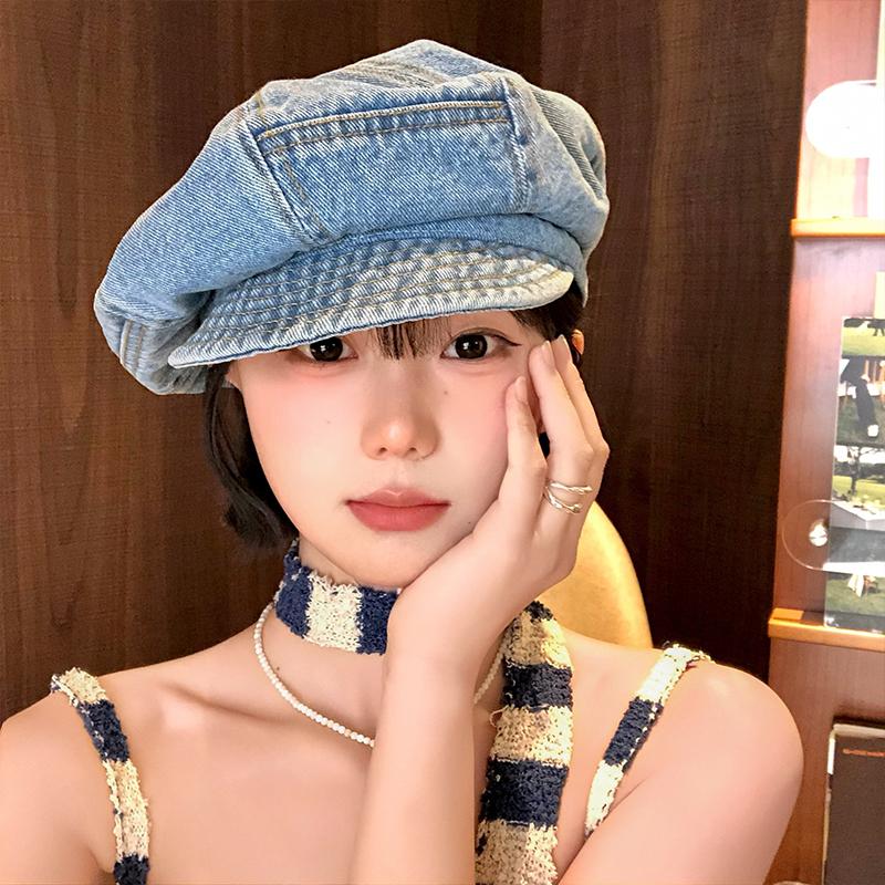 High Quality Retro Denim Cloud Beret Women's Spring and Summer Simple Literary and Versatile Short Brim Octagonal Newsboy Cap