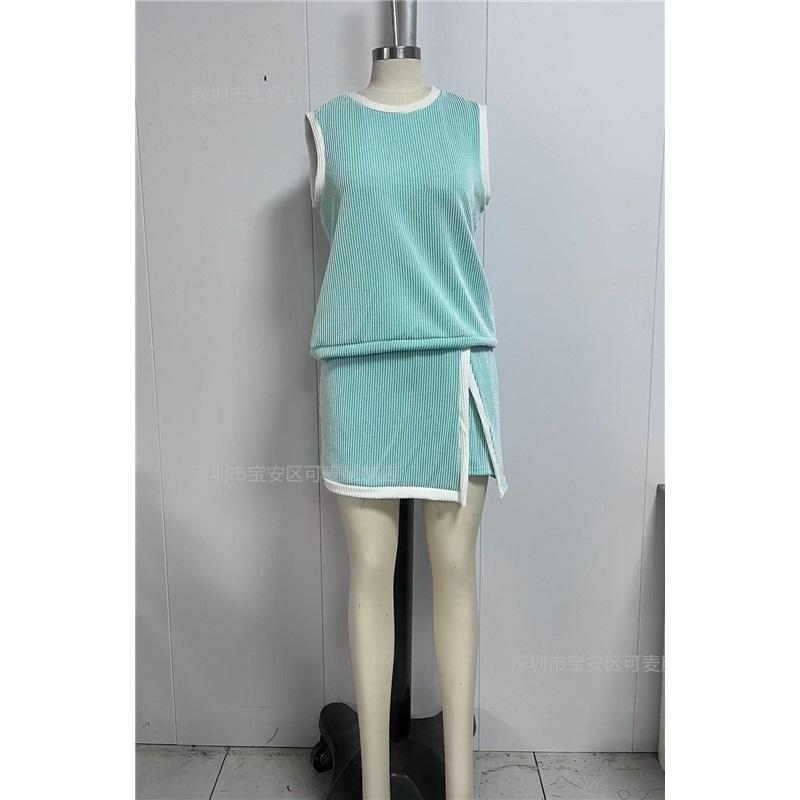  Women's Ribbed Knit 2-Piece Set Sleeveless Tank Top + Split Skort Shorts Outfit