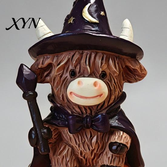Festive Halloween Prop Highland Cow Figurine, Witch Pumpkin Skull Statue, Resin Scottish Small Desk Ornament for Calf Lovers, Shelf, Tiered
