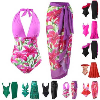 Conjunto de duas peças sexy slim fit feminino com maiô estampado e saia longa