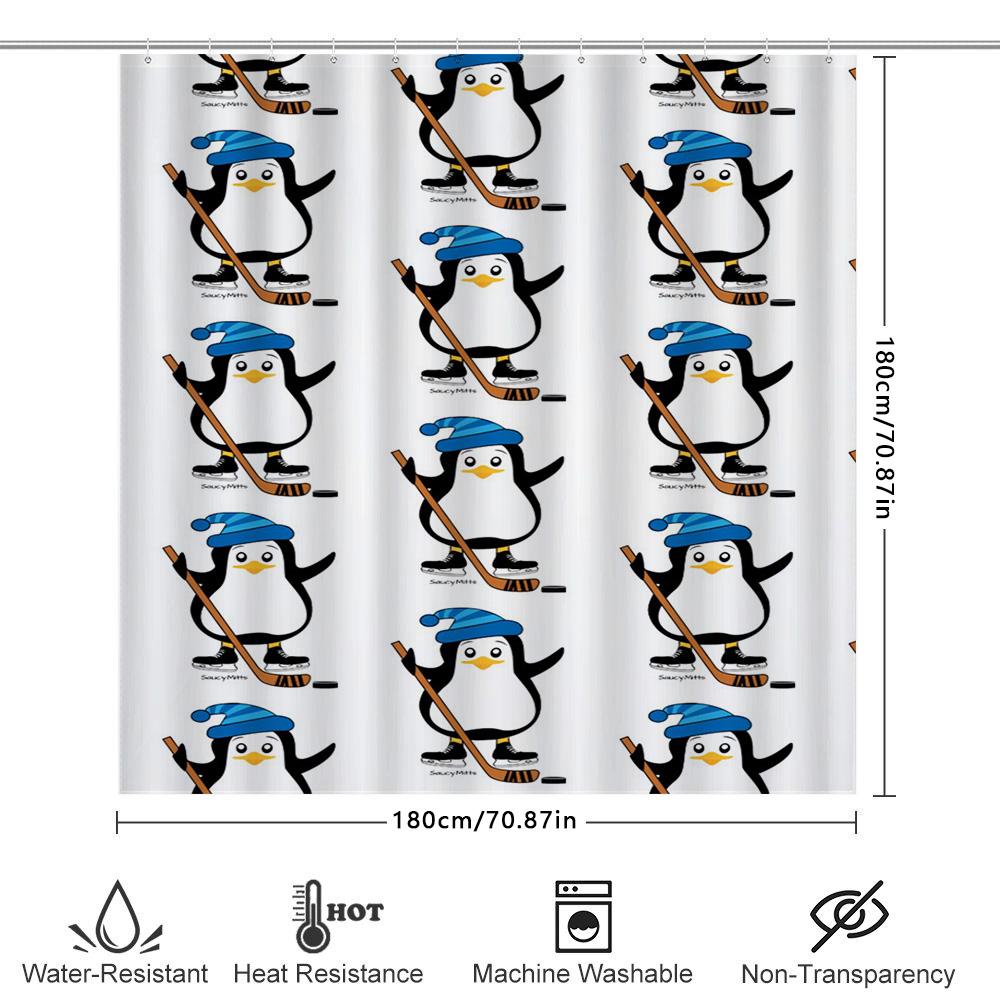 Ice Hockey Penguin Shower Curtain Waterproof Home Decor Bathrooms Kitchen Bathroom Decoration Print Kids Room Christmas Gift Whi