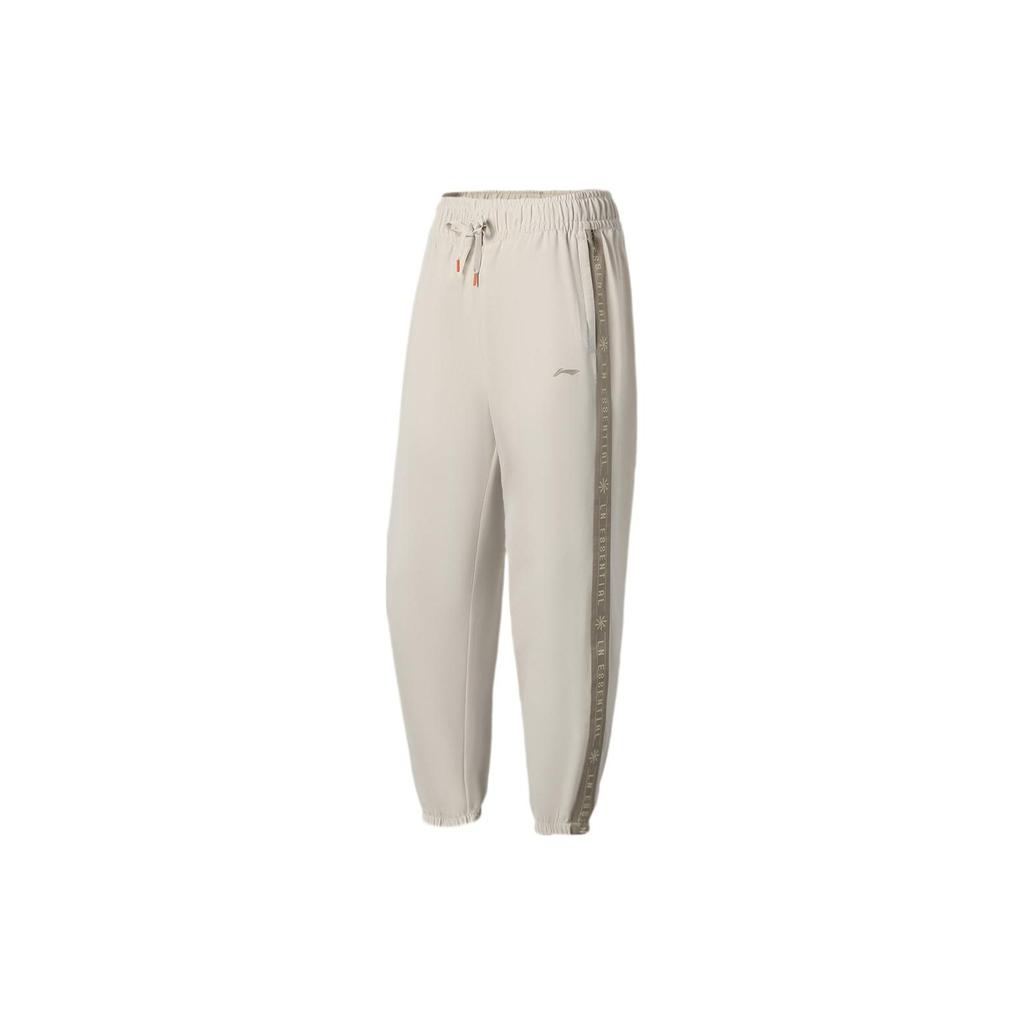 Li Ning Fitness Series Side Letter Number Print Quick-Dry Drawstring Cuffed Sports Pants Women Pants Oatmeal-Gray AYKS356-5