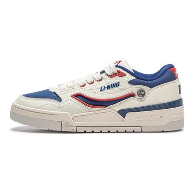 Li Ning 001 Btc Premium Simples Versátil Absorção de Choque Antiderrapante Resistente ao Desgaste Tênis Casuais de Cano Baixo Masculino Branco Azul AGCT495-2