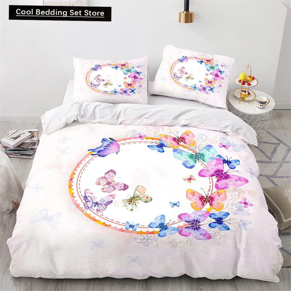 Butterfly Duvet Cover King Queen Colorful Flying Animal Bedding Set for Teens Adults Beautiful Flowers Polyester Quilt Cover